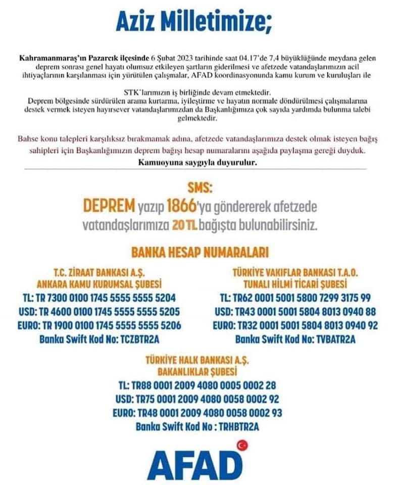 Deprem Bölgesine Yardım Duyurusu